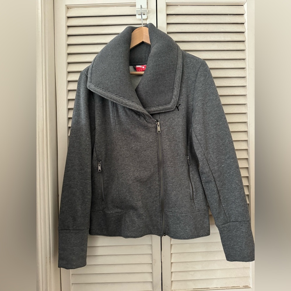 Women’s Puma asymmetrical jacket with shawl collar. Gently worn, 22” across bust